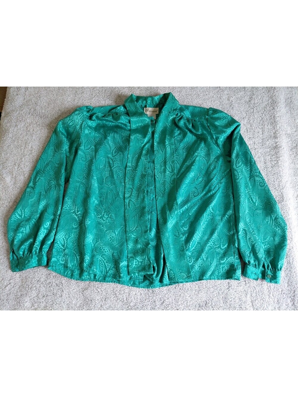 Vtg Silky Paisley Shirt Womens 12 Green Paisley Button Down Blouse